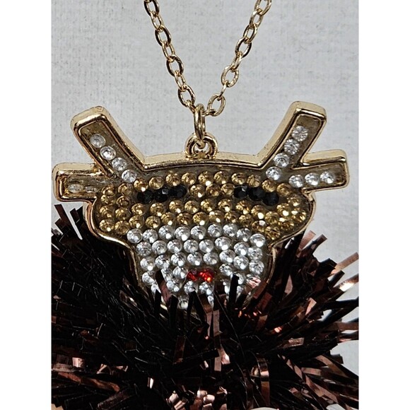 Reindeer Necklace & Earrings Set Brown  Pom Pom Multi Color Rinestone Holiday - Picture 2 of 10